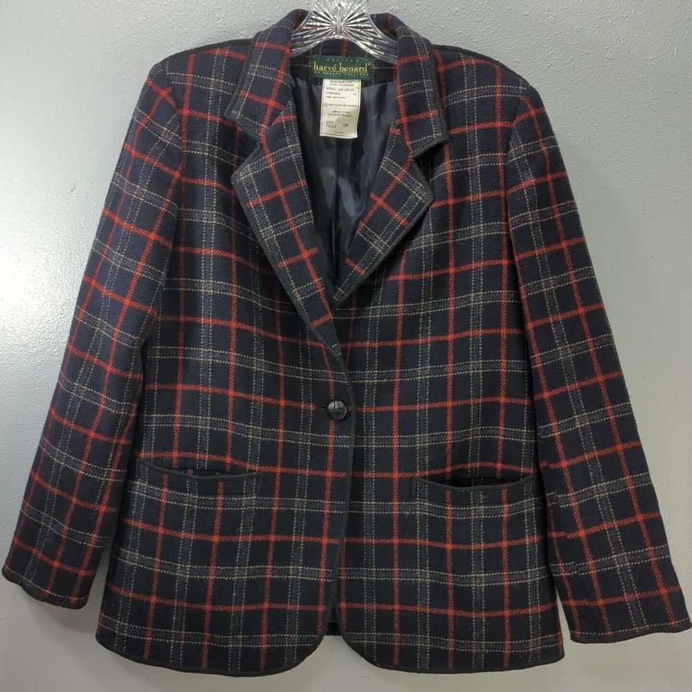 Vintage Harve Bernard Women's Size‎ 10P  100% Wool Navy And Red Plaid Blazer 466